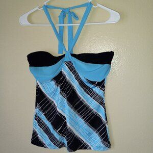VOICE Black/Blue/White Diagonal-Striped Tank with neck Strap Women's S